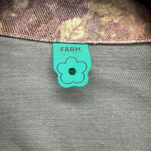 Farm Rio Floral Denim Jacket Military Button Size M Open Green Pink Boho Preppy - Picture 5 of 8